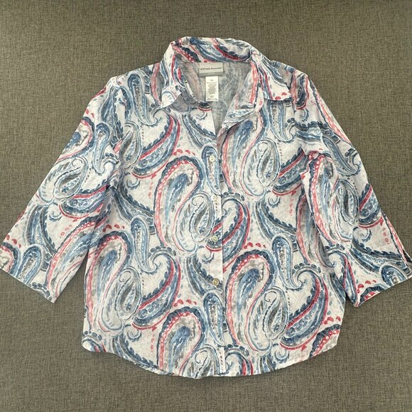 Alfred Dunner Button Down Blouse Collared 3/4th Sleeve PS Cotton Blend Lightweig - Picture 1 of 9
